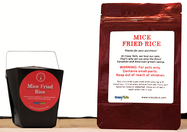 Mice Fried Rice unique Catnip cat kitty toy in black Chinese carryout container.