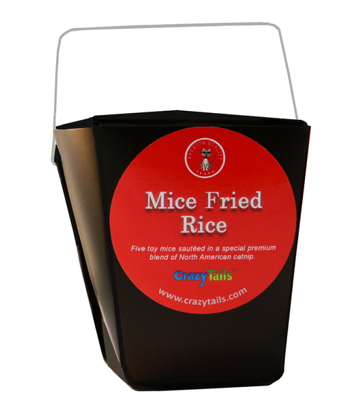 Mice Fried Rice unique Catnip cat kitty toy in black Chinese carryout container.